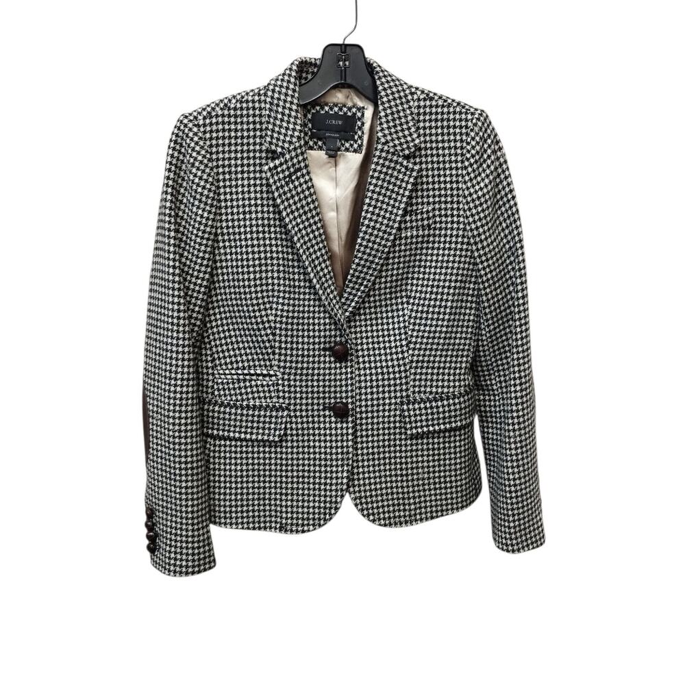 J Crew Womens Houndstooth Wool Schoolboy Blazer 4 Elbow Patch Preppy Old Money